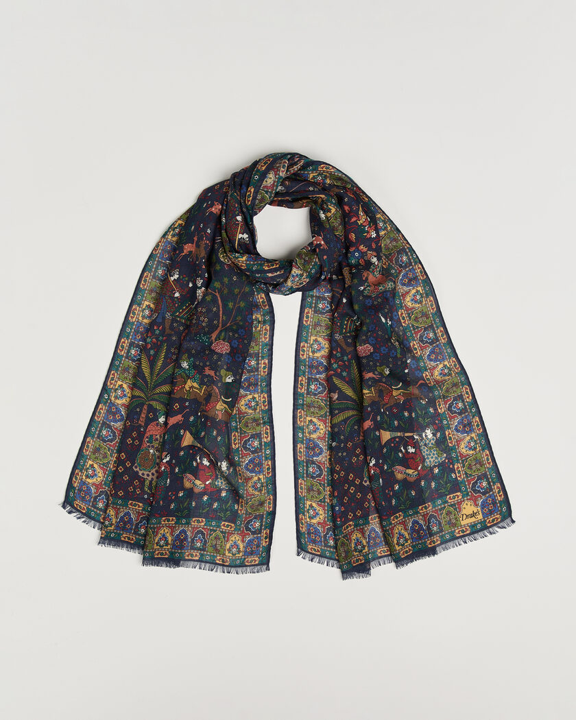 Drake's Mughal Garden Wool/Silk Scarf Navy – Blau