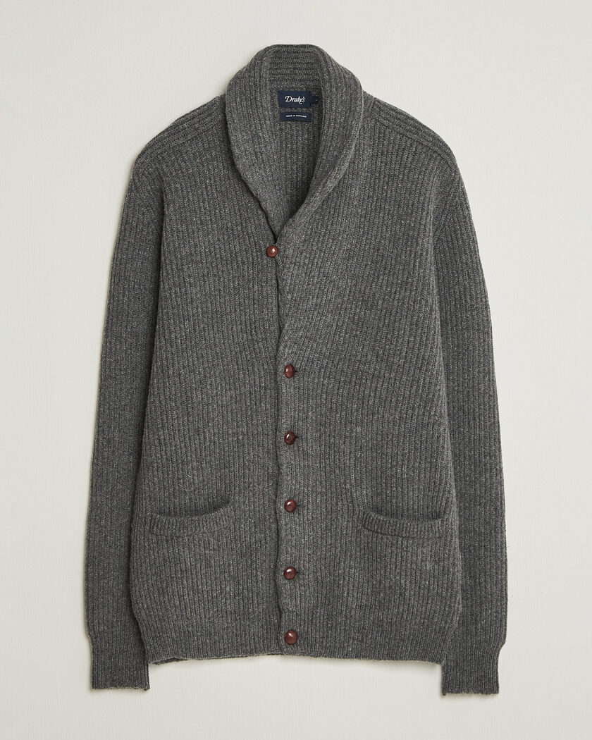 Drake's Lambswool Shawl Collar Rib Cardigan Grey – Grau