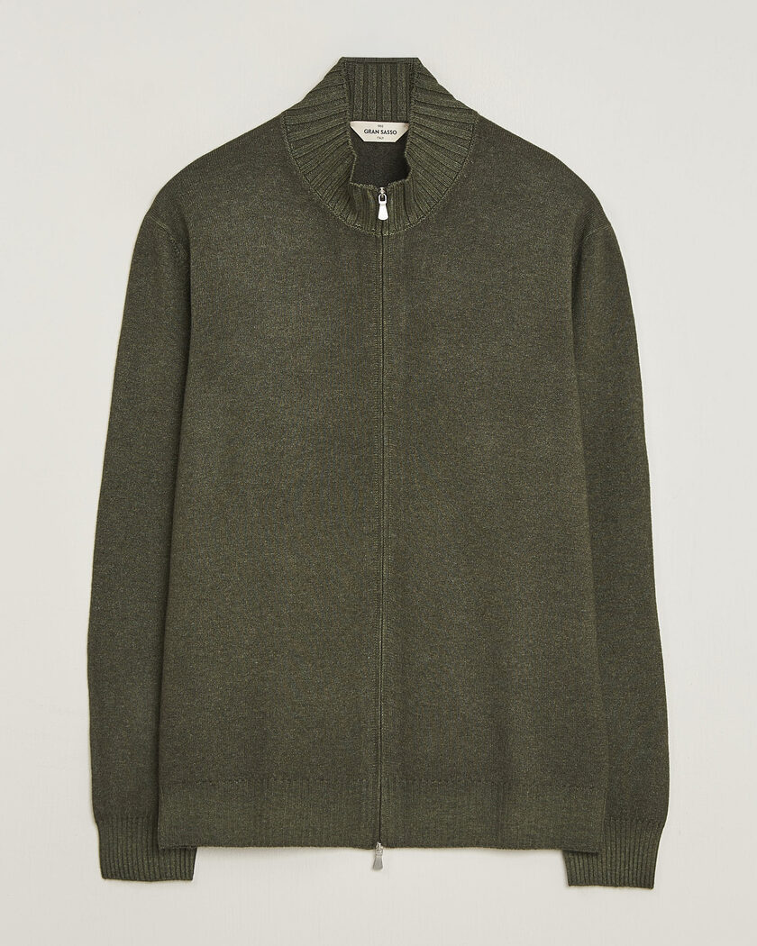 Gran Sasso Wool/Cashmere Washed Full Zip Olive Melange – Grün