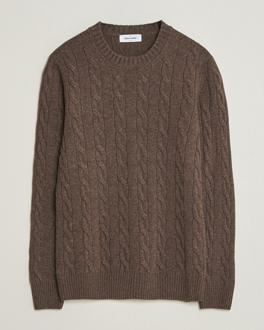 Gran Sasso Wool/Cashmere Cable Crew Neck Dark Brown Melange – Braun