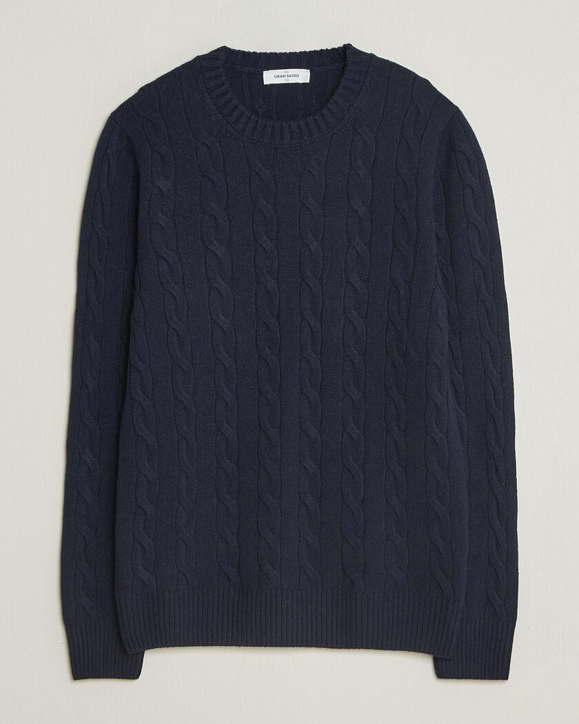 Gran Sasso Wool/Cashmere Cable Crew Neck Navy – Blau