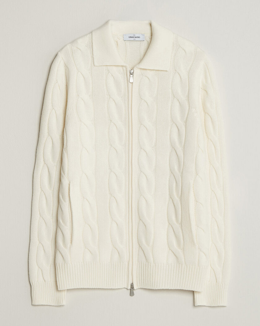 Gran Sasso Wool/Cashmere Cable Full Zip Cream – Weiß