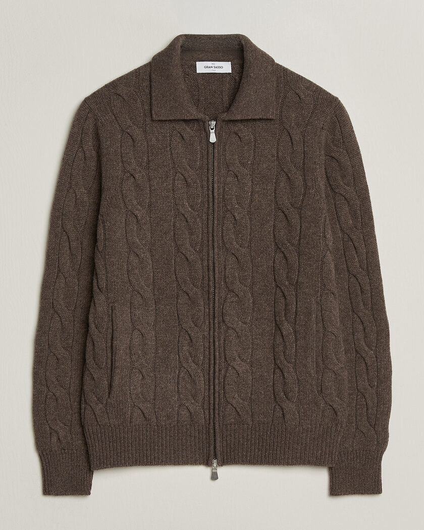 Gran Sasso Wool/Cashmere Cable Full Zip Dark Brown Melange – Braun