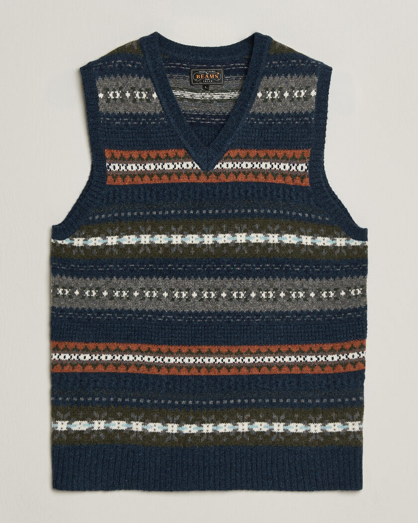 BEAMS PLUS Fair Isle Knit Vest Navy – Blau