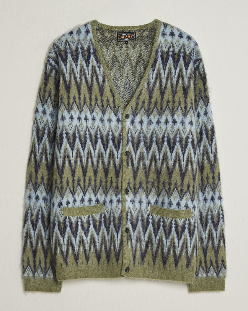BEAMS PLUS Chevron Jacquard Cardigan Green/Grey – Grün