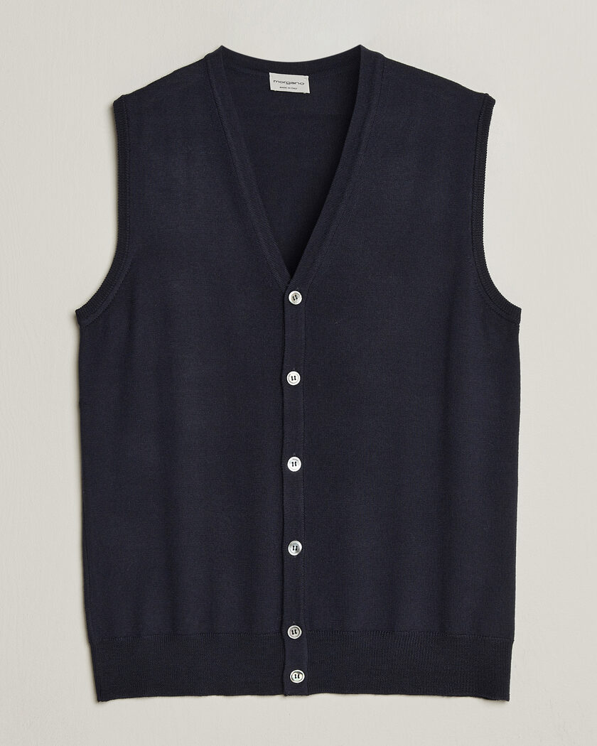 Morgano Extra Fine Merino Wool Sleevles Cardigan Vest Navy – Blau