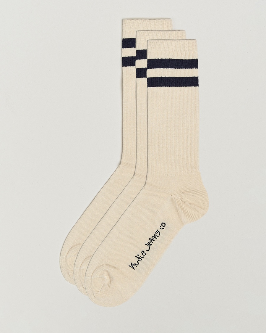 Nudie Jeans 3-pack Amundsson Tennis Socks Off White/Navy – Weiß