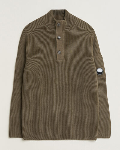 C.P. Company Full Rib Knitted Cotton Half Button Dark Green