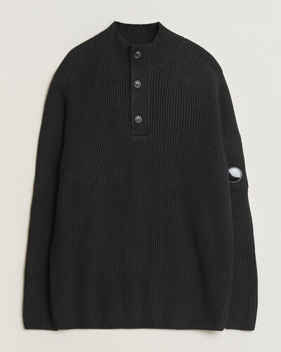 C.P. Company Full Rib Knitted Cotton Half Button Black