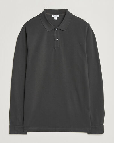 Sunspel Supima Cotton Long Sleeve Pique Polo Anthracite