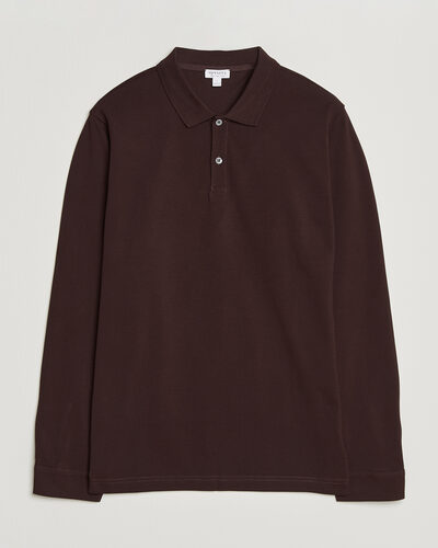 Sunspel Supima Cotton Long Sleeve Pique Polo Dark Brown