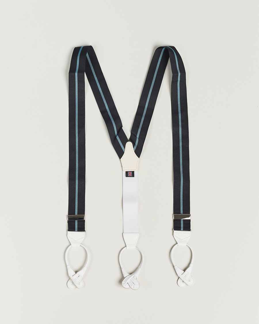Herren | Albert Thurston Thin Stripe Braces 40mm Black/Sky | Albert Thurston | Thin Stripe Braces 40mm Black/Sky