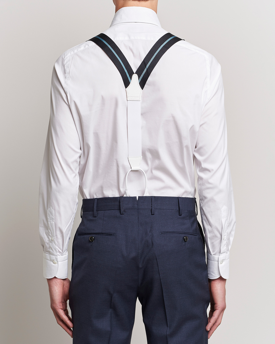 Herren | Albert Thurston Thin Stripe Braces 40mm Black/Sky | Albert Thurston | Thin Stripe Braces 40mm Black/Sky