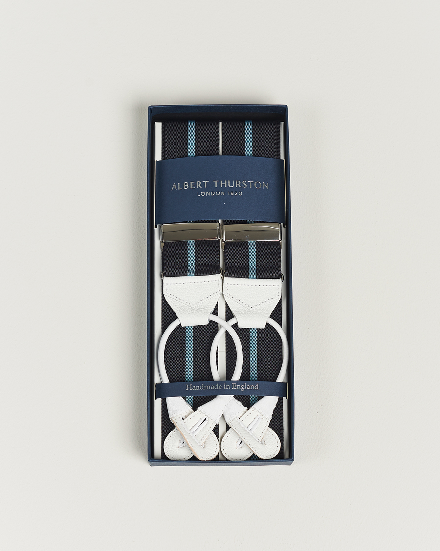 Herren | Albert Thurston Thin Stripe Braces 40mm Black/Sky | Albert Thurston | Thin Stripe Braces 40mm Black/Sky