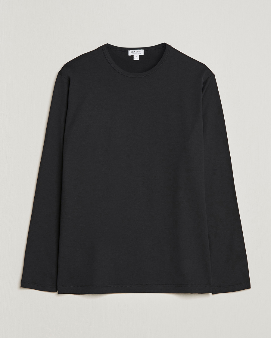 Herren | T-Shirts | Sunspel | Long Sleeve Crew Neck Cotton Tee Black