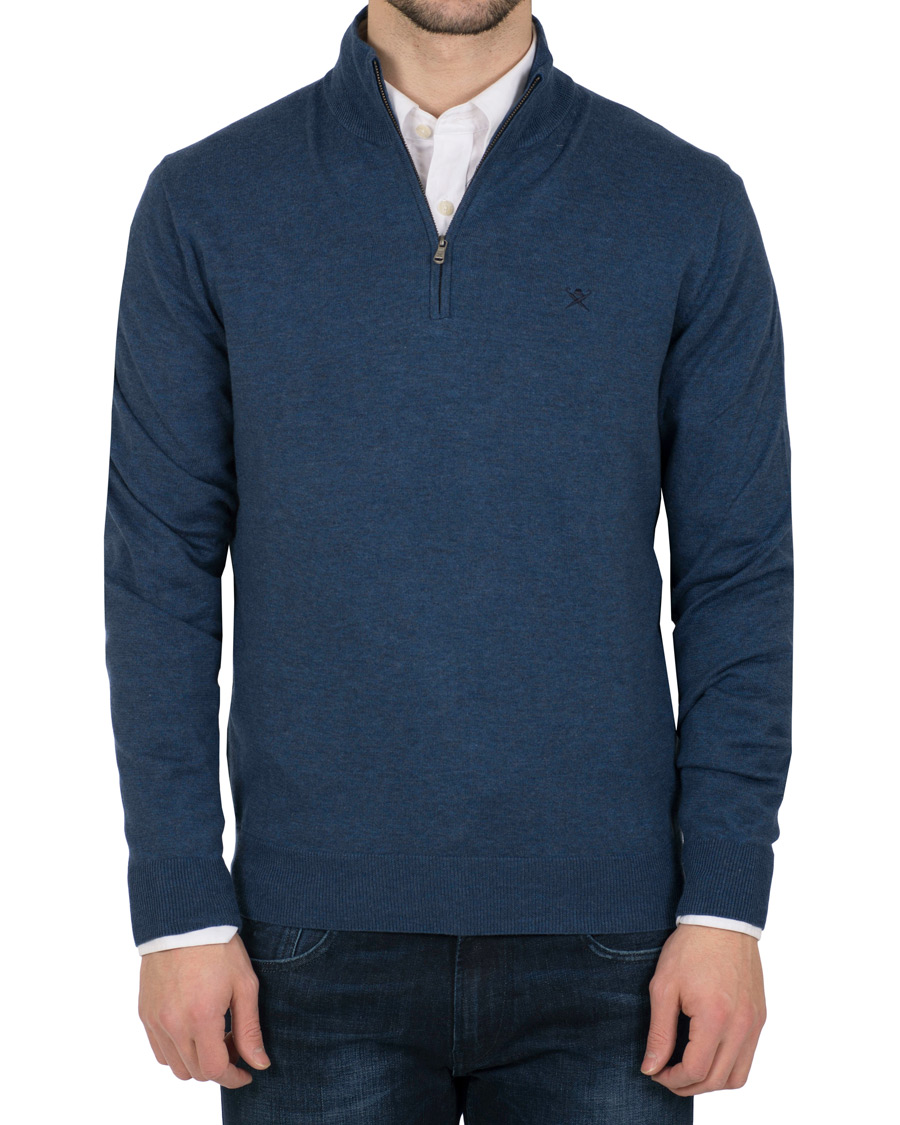 Herren | Pullover | Hackett | Cotton/Silk Half Zip Dark Denim Blue