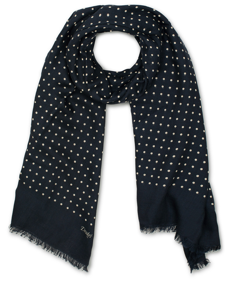 Herren | Drake's Wool/Silk Classic Spot Scarf Navy/White | Drake's | Wool/Silk Classic Spot Scarf Navy/White