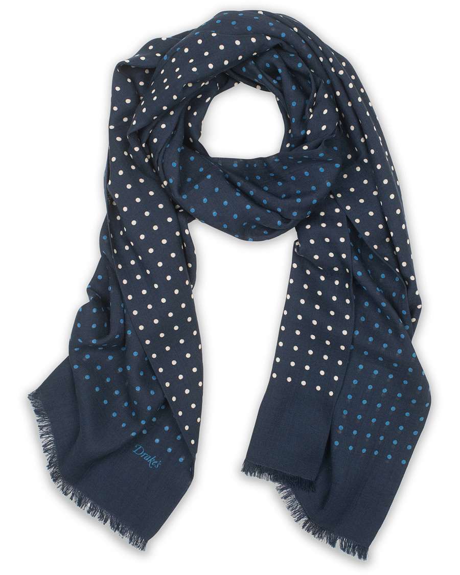 Herren | Drake's Wool/Silk Classic Spot Scarf Navy/White/Blue | Drake's | Wool/Silk Classic Spot Scarf Navy/White/Blue