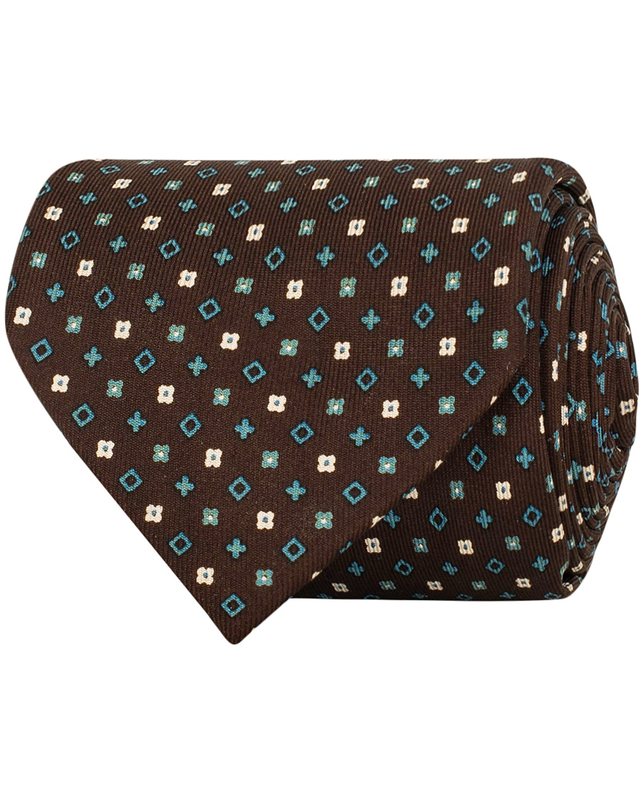 Herren | E. Marinella 7-Fold Printed Micro Pattern Silk Tie Brown/Teal 8 cm | E. Marinella | 7-Fold Printed Micro Pattern Silk Tie Brown/Teal 8 cm