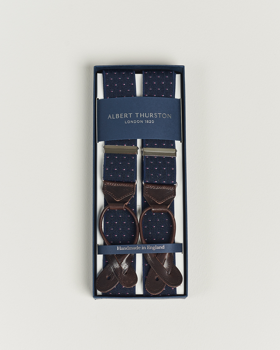 Herren | Albert Thurston Elastic Dot Braces 35mm Blue | Albert Thurston | Elastic Dot Braces 35mm Blue