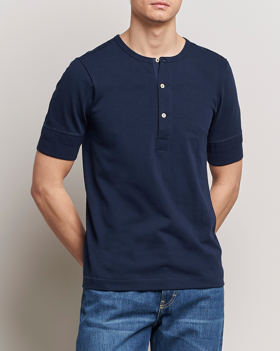 Herren | Pullover | Merz b. Schwanen | Short Sleeve Organic Cotton Henley Ink Blue