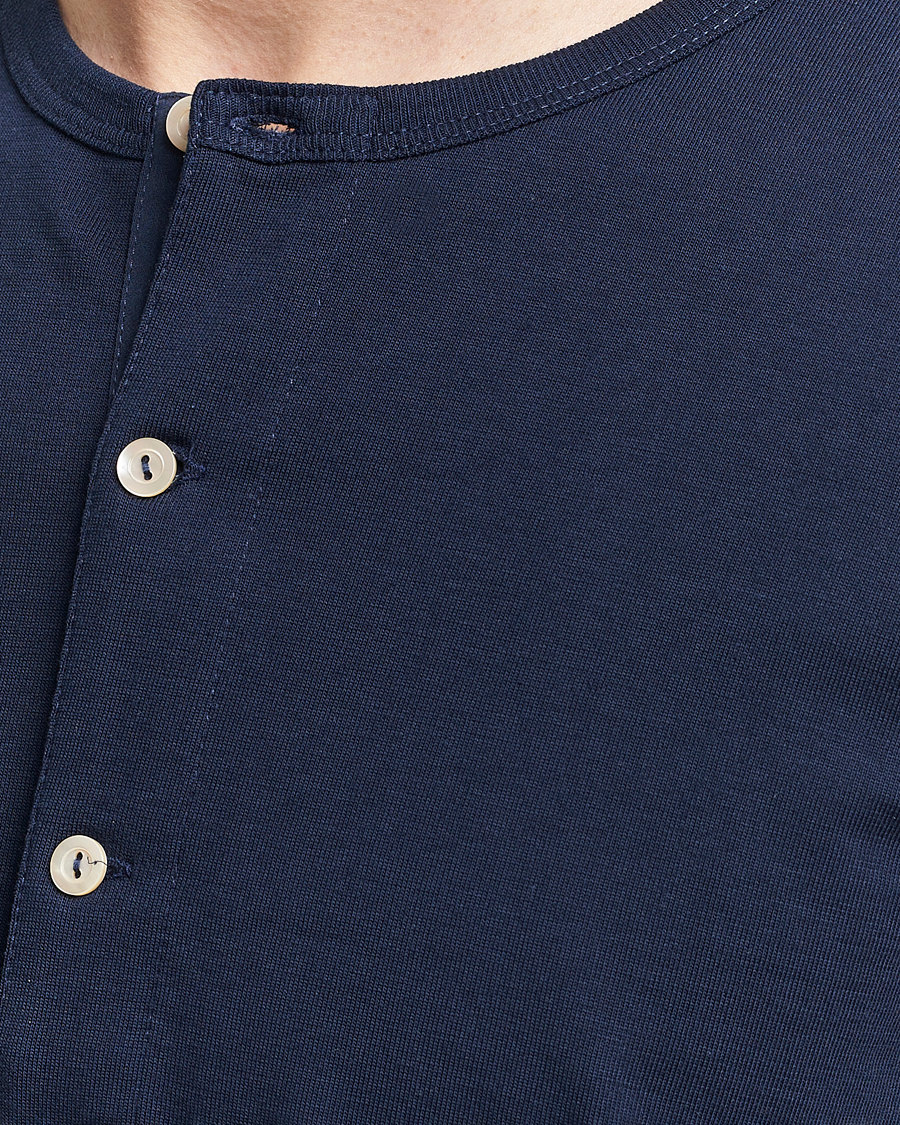 Herren | Pullover | Merz b. Schwanen | Short Sleeve Organic Cotton Henley Ink Blue