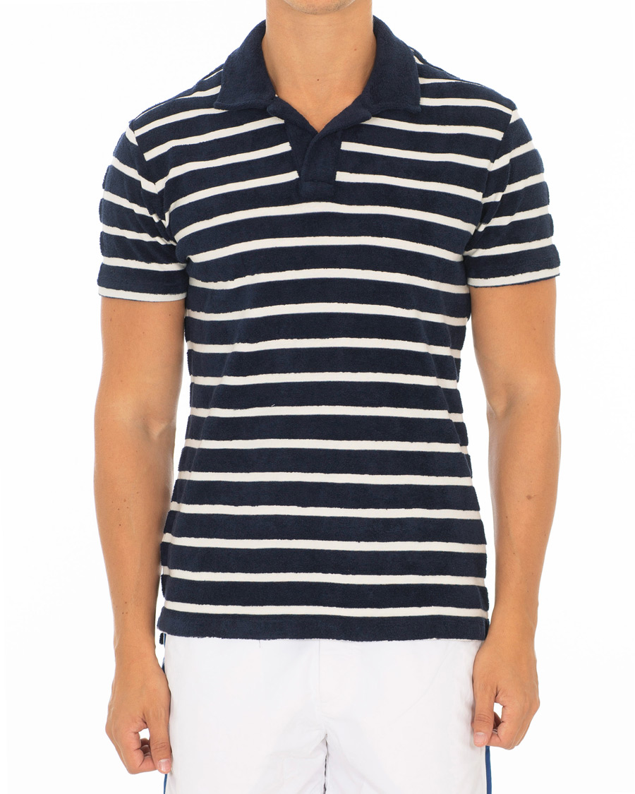 Herren | Poloshirts | Orlebar Brown | Terry Hudson Towelling Stripe Polo Navy/Shell