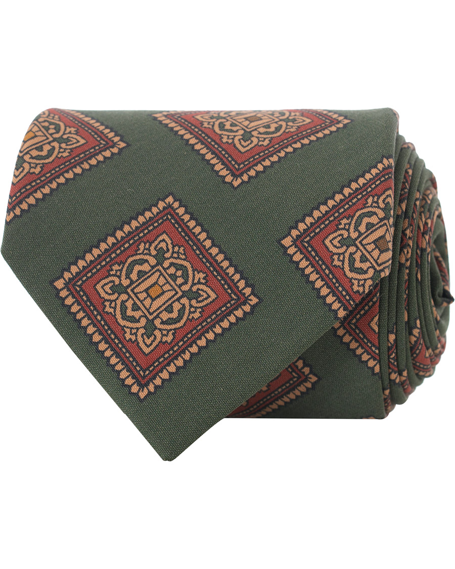 Herren | Drake's Washed Silk Printed Large Square Tie 8 cm Green | Drake's | Washed Silk Printed Large Square Tie 8 cm Green