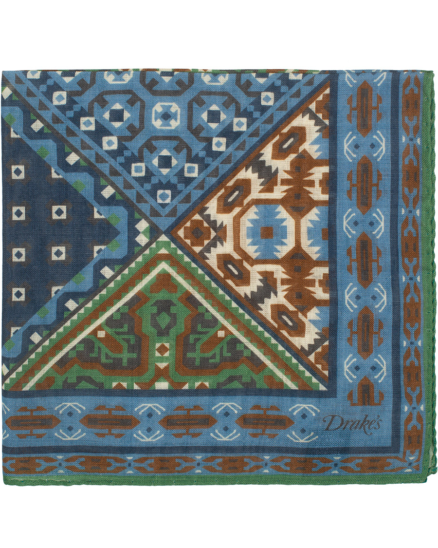 Herren | Drake's Wool/Silk Prited Pocket Square Blue | Drake's | Wool/Silk Prited Pocket Square Blue