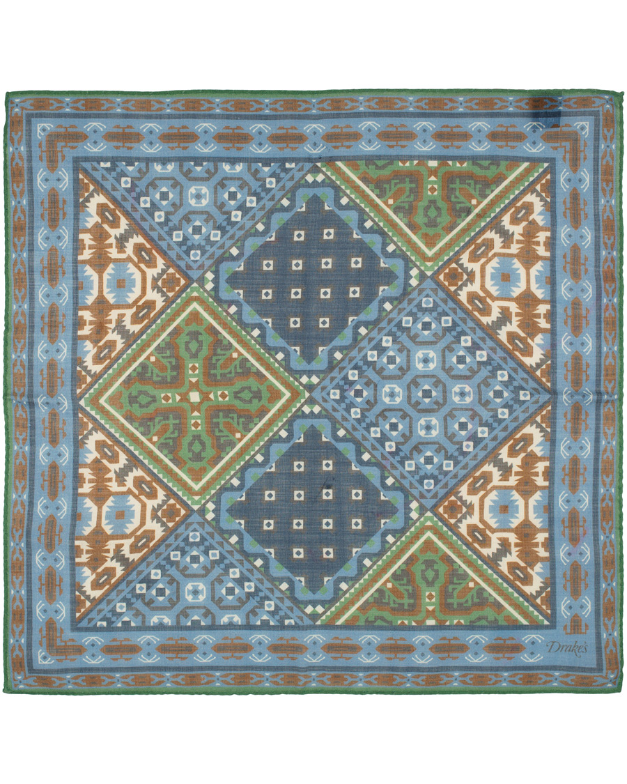 Herren | Drake's Wool/Silk Prited Pocket Square Blue | Drake's | Wool/Silk Prited Pocket Square Blue