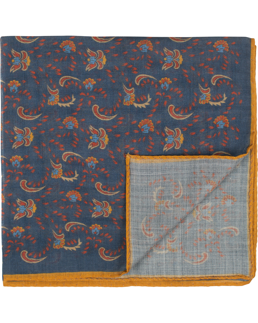 Herren | Drake's Wool/Silk Printed Flower Pocket Square Blue | Drake's | Wool/Silk Printed Flower Pocket Square Blue