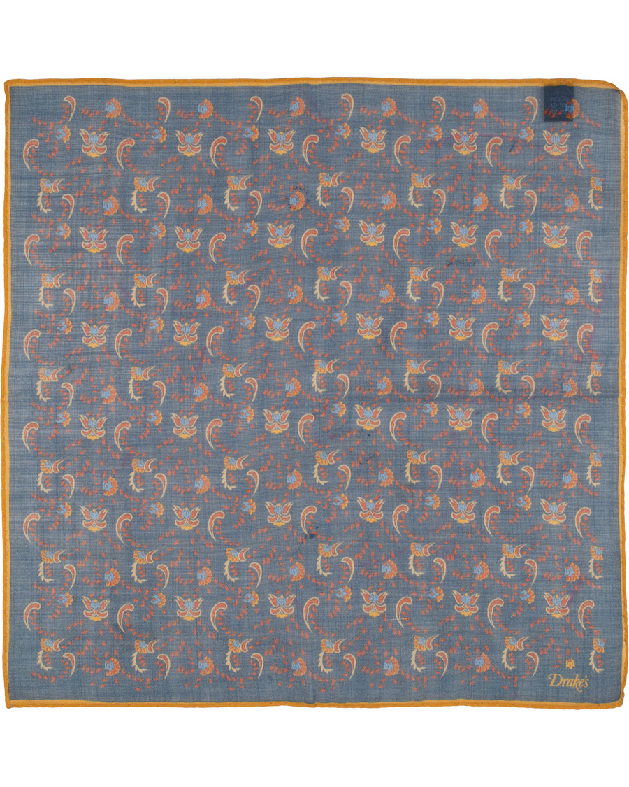Herren | Drake's Wool/Silk Printed Flower Pocket Square Blue | Drake's | Wool/Silk Printed Flower Pocket Square Blue