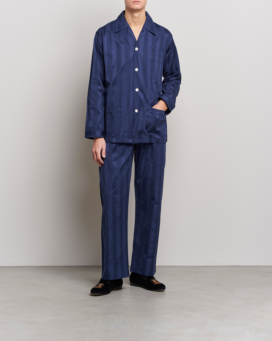 Herren | Pyjama-Set | Derek Rose | Striped Cotton Satin Pyjama Set Navy