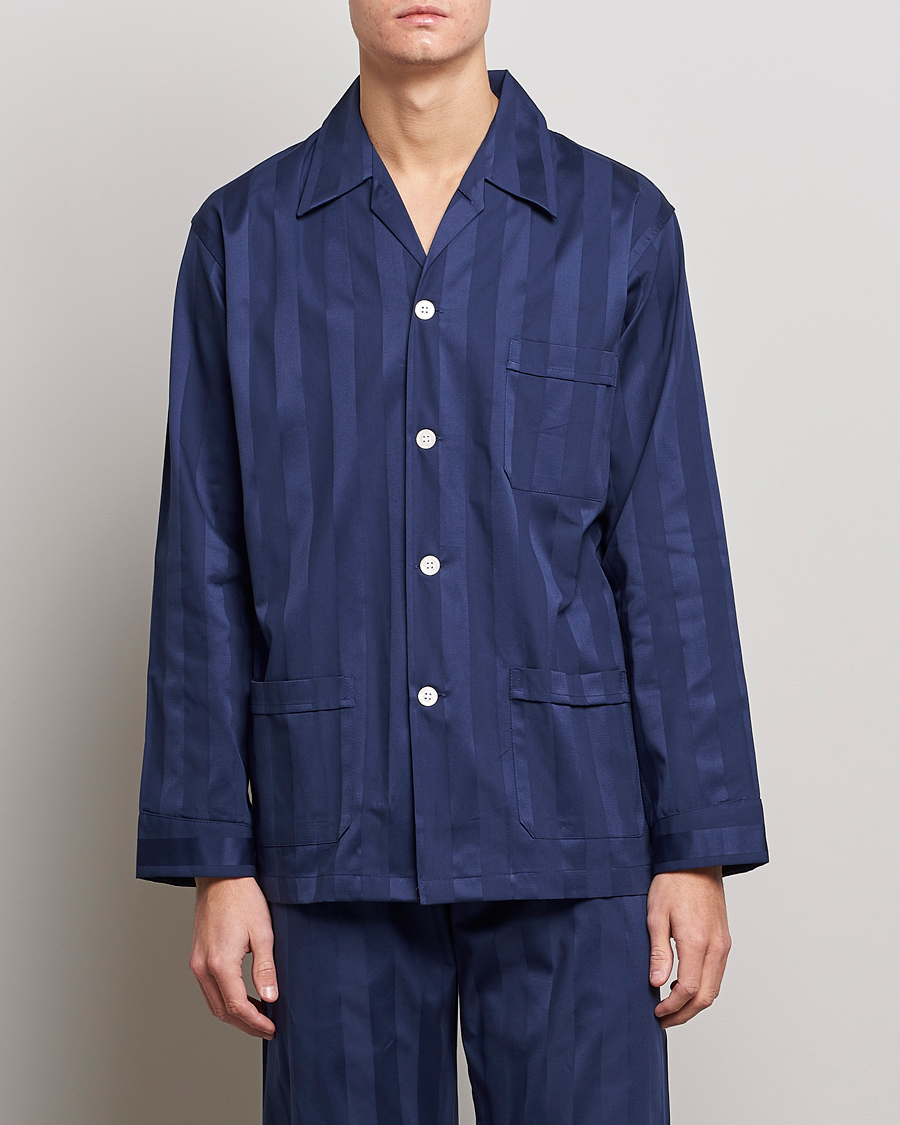 Men |  | Derek Rose | Striped Cotton Satin Pyjama Set Navy