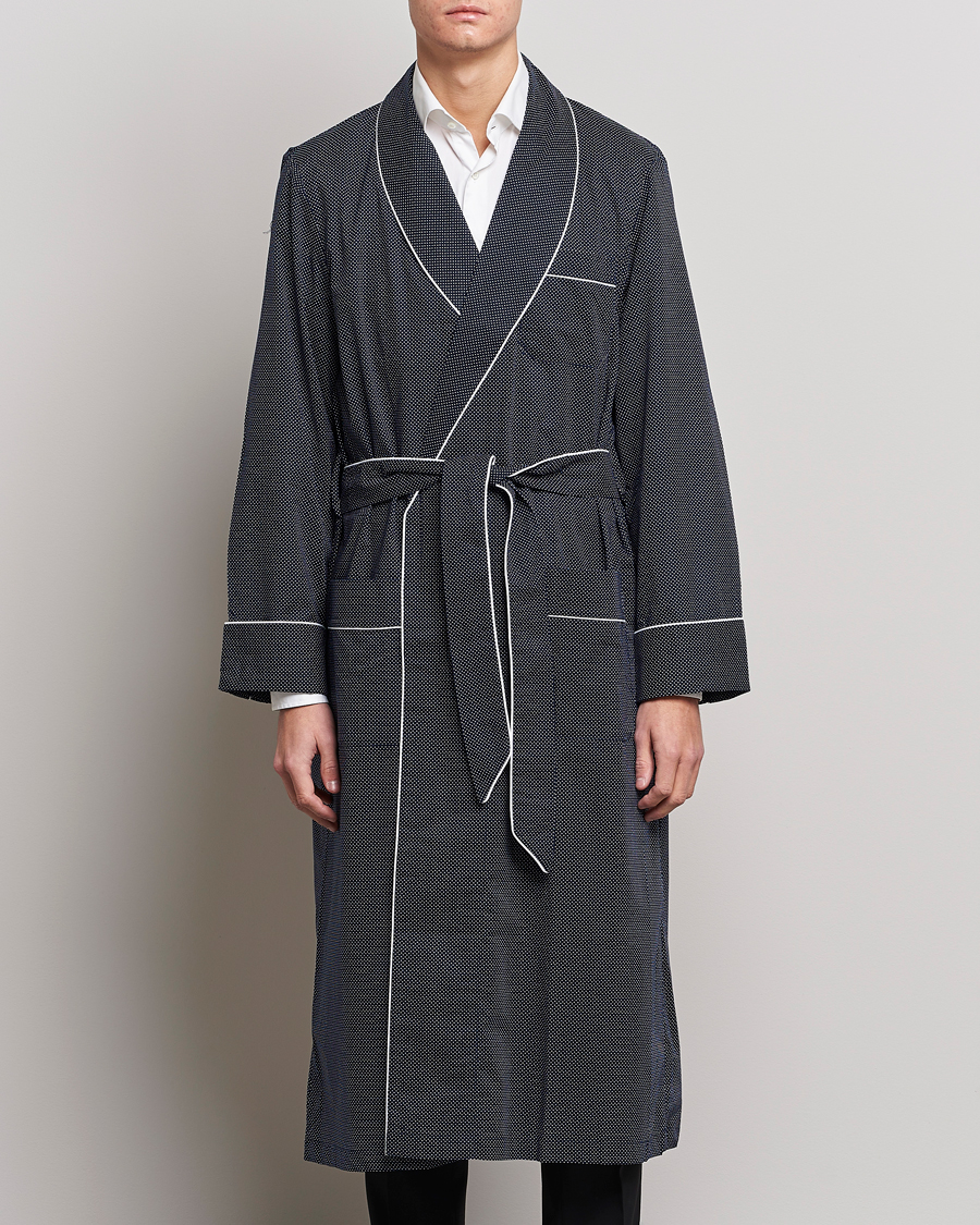 Men |  | Derek Rose | Polka Dot Cotton Satin Dressing Gown Navy