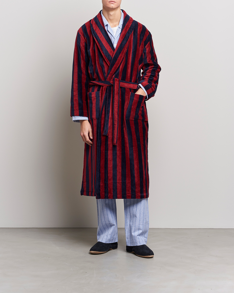 Herren | Schlafanzüge & Bademäntel | Derek Rose | Cotton Velour Striped Gown Red/Blue