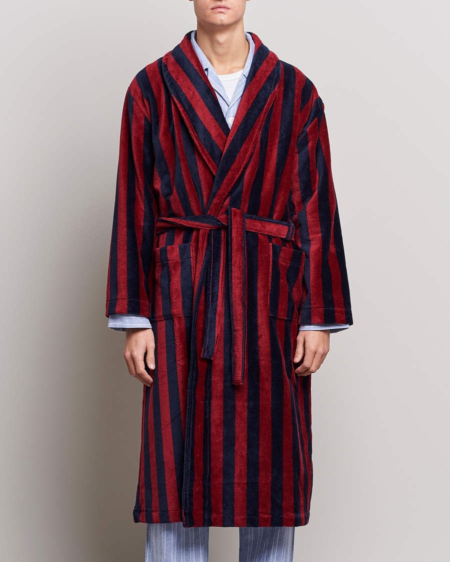 Herren | Für den Connaisseur | Derek Rose | Cotton Velour Striped Gown Red/Blue