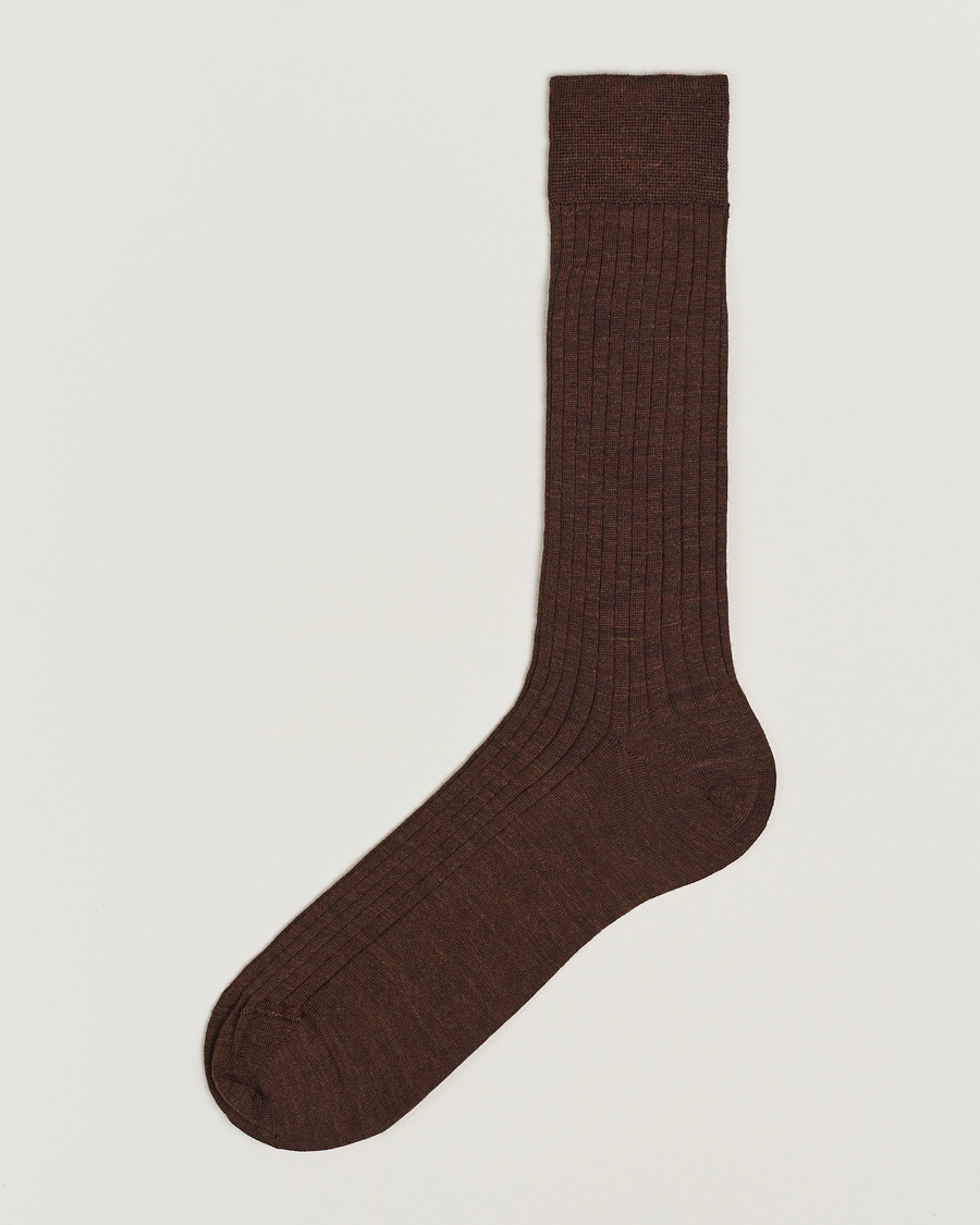 Herren |  | Bresciani | Wool/Nylon Ribbed Short Socks Brown Melange