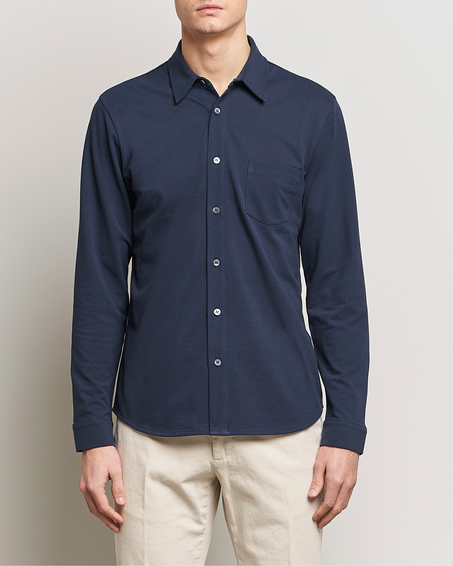 Men | Polo Shirts | Sunspel | Long Sleeve Button Down Pique Shirt Navy