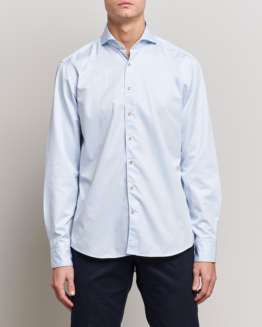 Herren | Stenströms | Stenströms | Fitted Body Washed Cotton Plain Shirt Light Blue