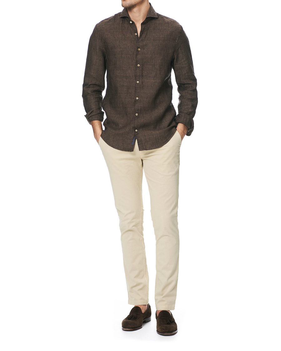 Herren | Hemden | Stenströms | Slimline Linen Cut Away Shirt Brown