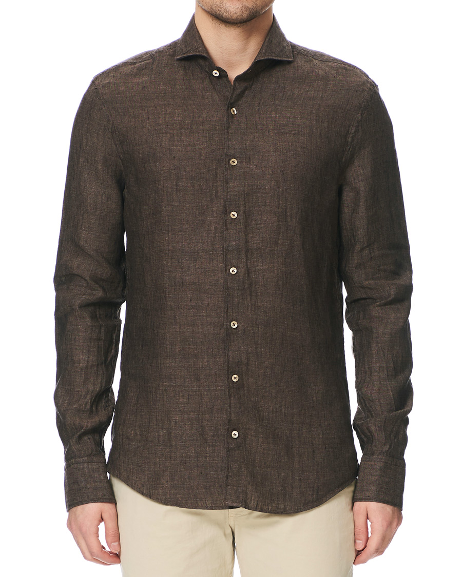Herren | Hemden | Stenströms | Slimline Linen Cut Away Shirt Brown