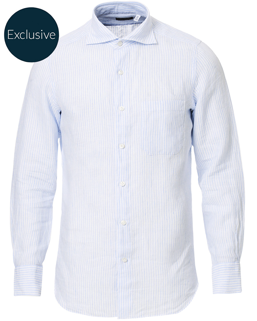 Herren | Hemden | Finamore Napoli | Tokyo Striped Linen Pocket Shirt White/Light Blue