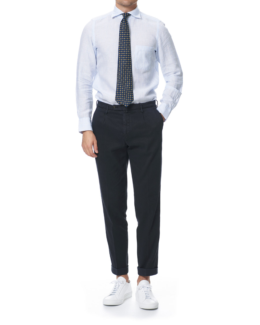Herren | Hemden | Finamore Napoli | Tokyo Striped Linen Pocket Shirt White/Light Blue