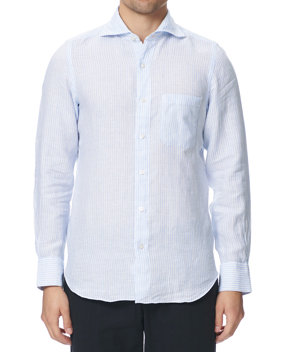 Herren | Hemden | Finamore Napoli | Tokyo Striped Linen Pocket Shirt White/Light Blue