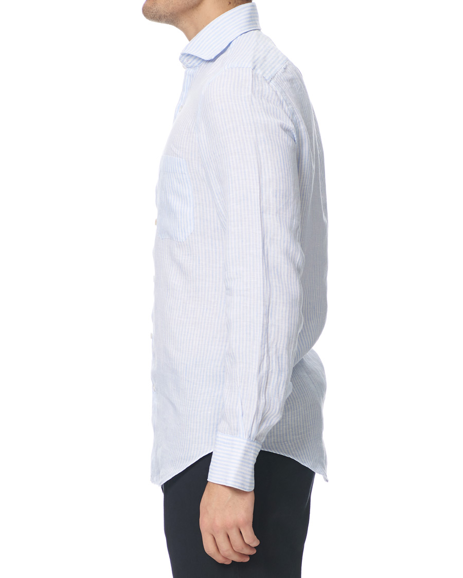 Herren | Hemden | Finamore Napoli | Tokyo Striped Linen Pocket Shirt White/Light Blue