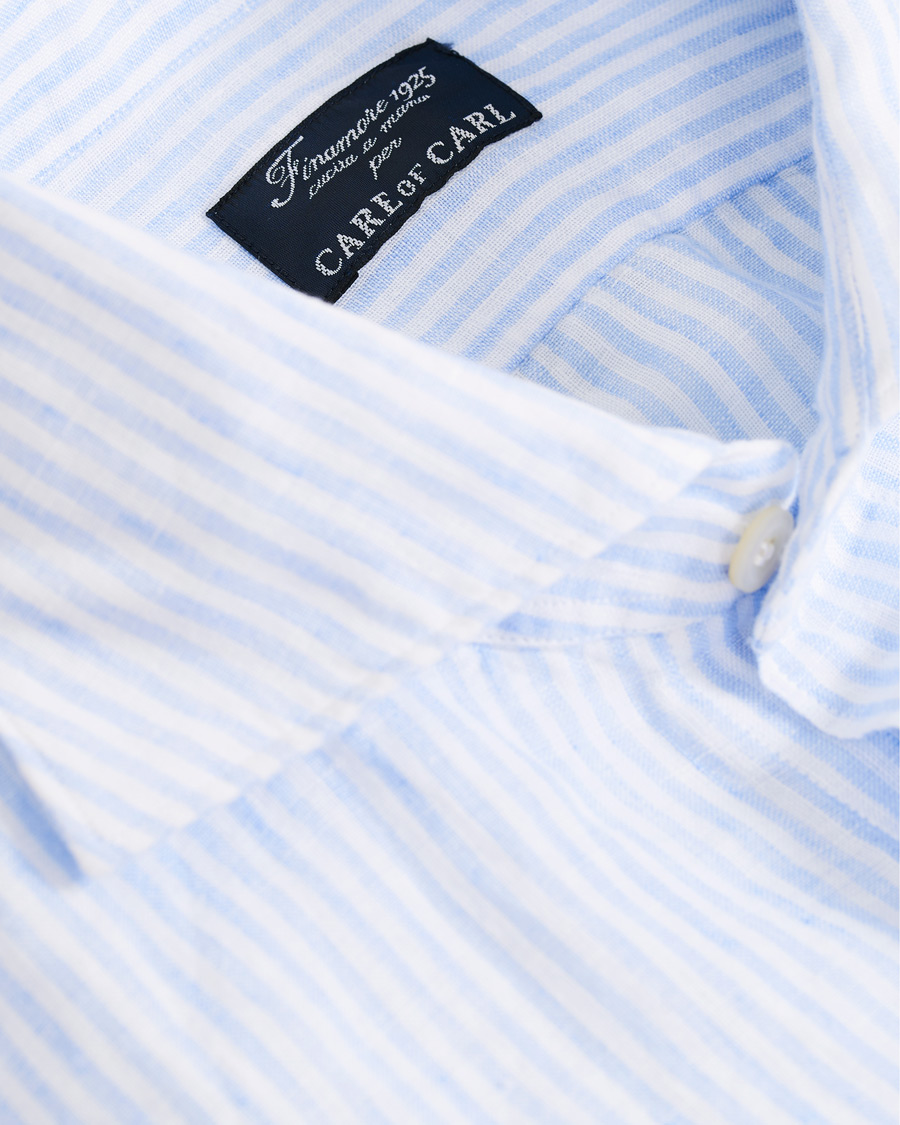 Herren | Hemden | Finamore Napoli | Tokyo Striped Linen Pocket Shirt White/Light Blue