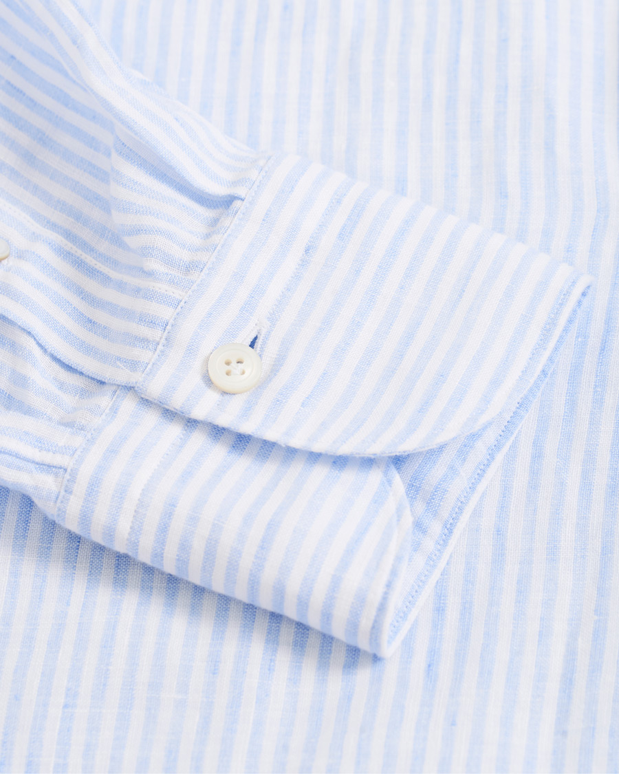 Herren | Hemden | Finamore Napoli | Tokyo Striped Linen Pocket Shirt White/Light Blue