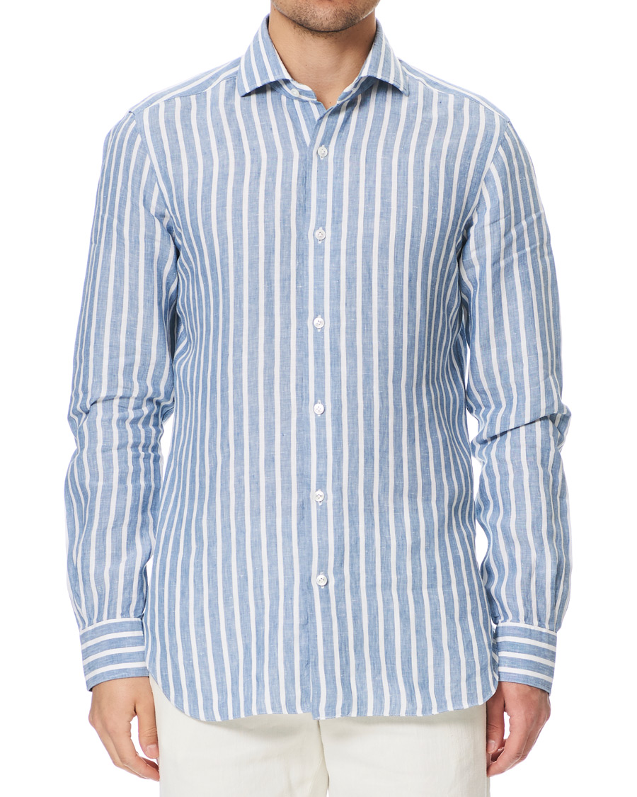 Herren | Hemden | Barba Napoli | Culto Slim Fit Striped Linen Shirt White/Blue