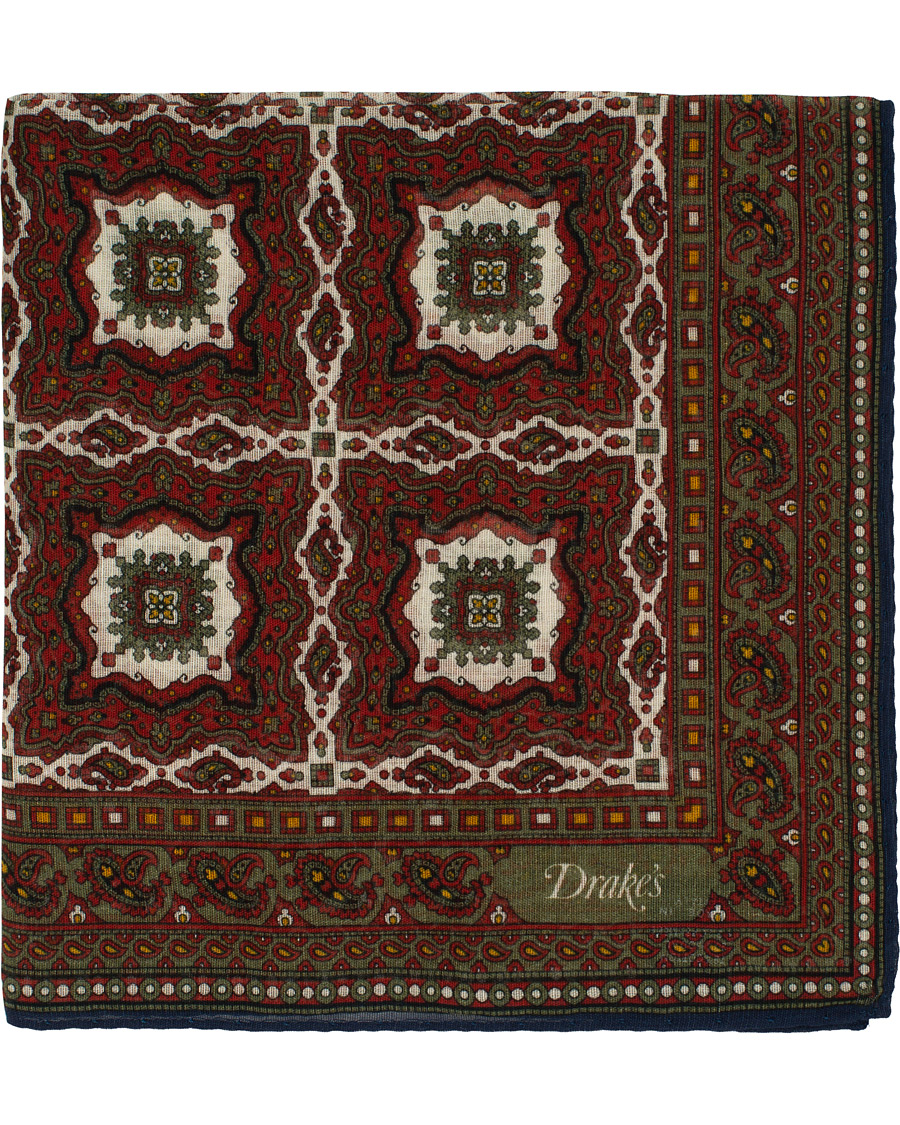 Herren | Drake's Cotton/Modal Medallions Pocket Square Red | Drake's | Cotton/Modal Medallions Pocket Square Red